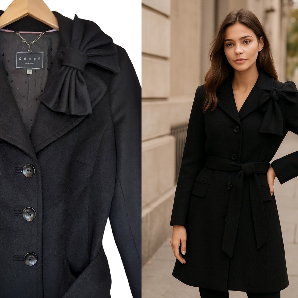 EUC Black Wool Cashmere Coat w/ Bow Detail & Belt A-Line Princess SZ6 US(10 EU)